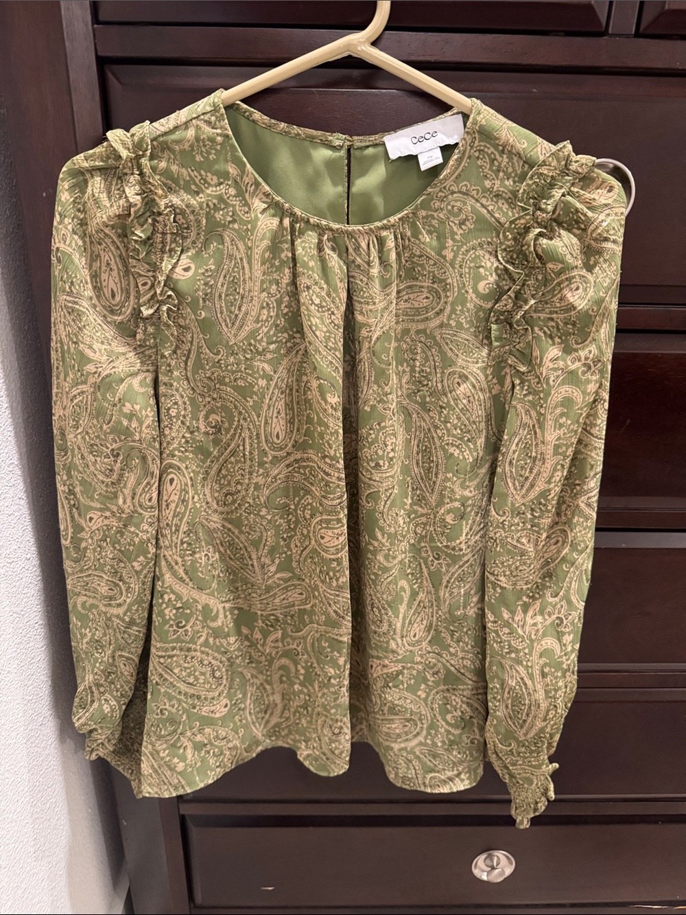 CeCe Olive Green Paisley Ruffle-Trim Blouse
